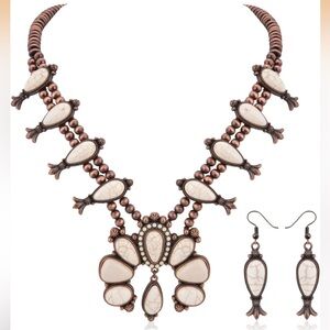 New Howlite Western Squash Blossom Navajo Style Statement Necklace & Earrings